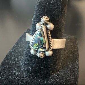 Matte silver black opal adjustable ring